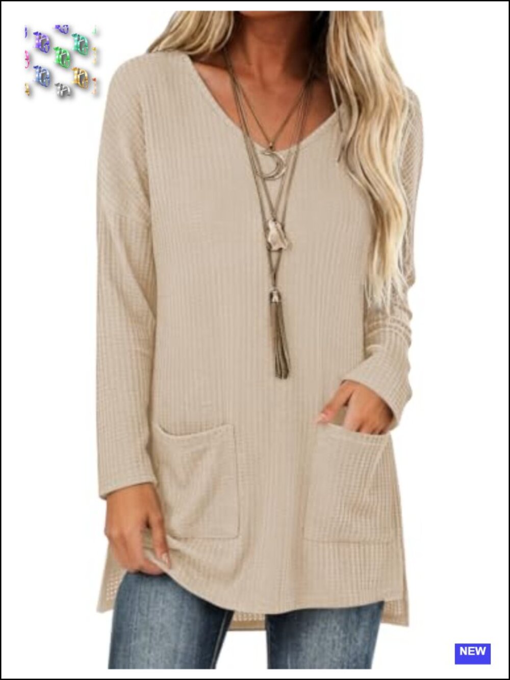 Waffle Knit Tunic Sweater Dress with Pockets for Women Long Sleeve Loose Fit